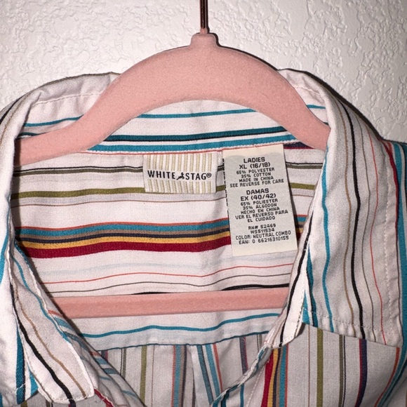 White Stag Sleeveless Button-Down Shirt in White with Multicolor Stripes - Picture 3 of 3